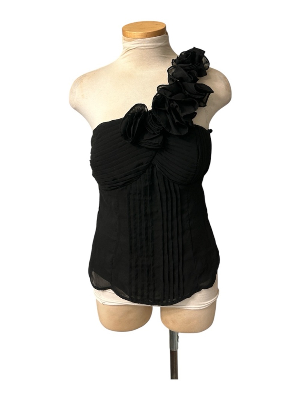 Papaya Black One-Shoulder Floral Camisole Top with Ruched Bodice Size S